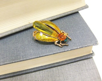 Vintage Amber Colored Crystal and Enamel Gold Tone Fly Pin
