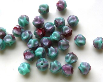 30 Puckered Glass Beads - Magenta and Turquoise