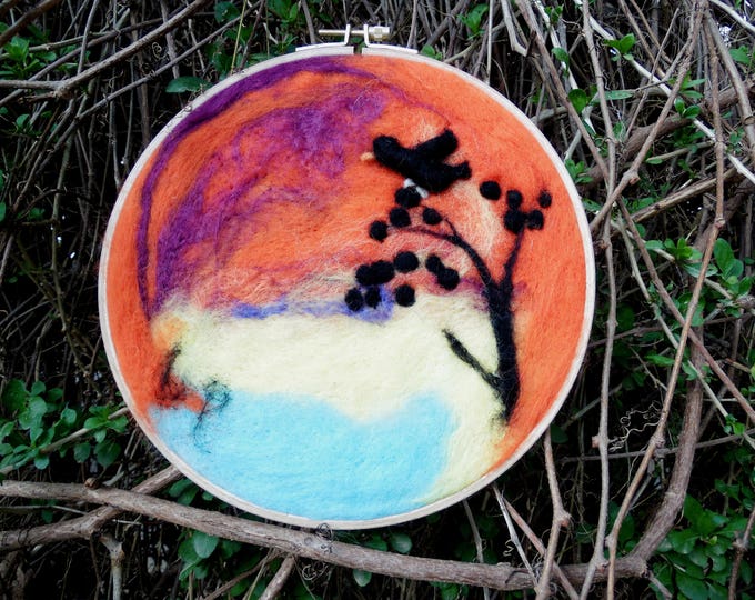 Felt Wall Art,Needle Felted Landscape art,Handmade Felt Picture,Felt painting,Textured felt,Felt painting,Handmade Felt Round Wood Frame,3d