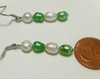 Green and White Freshwater Pearl Earrings