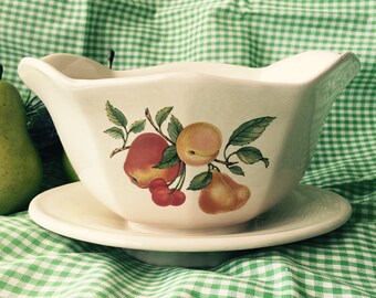 Teleflora Gravy Boat Fruit Decorated Porcelain Ceramic Attached Underplate Tableware