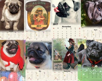 Pug printable monthly 2017 calendar. Pug Digital Print | Pug Art | Pug Gift | Pug Lover Gift - Instant download