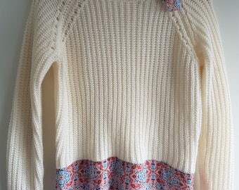 Knitted sweater women, knitted jumper, floral print, floral fabric, upcycled clothing, refashioned, winter clothes, pullover, white sweater
