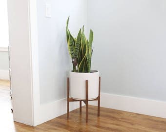 Large - Mid-century Modern Ceramic Cylinder Planter with Walnut or Oak Wood Planter Stand - 12" Ceramic Pot