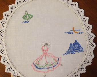Vintage hand embroidered round doily, 19 cm, ballerina