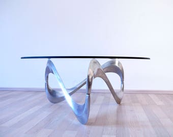 Vintage Coffee table Snake by Knut Hesterberg , Ronald Schmitt, Germany 1960s, Aluminum table, Glass top table, Design table, Modernist