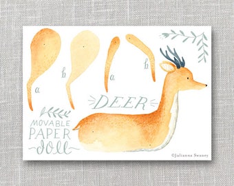 Deer Articulated Paper Doll, Illustrated Print, Puppet, Craft, Decoration, Scrapbooking