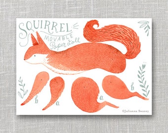 Squirrel Articulated Paper Doll, Illustrated Print, Puppet, Craft, Decoration, Scrapbooking