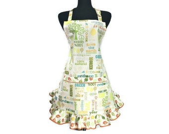 Environmental Sayings Apron for women, Retro Style Ruffle with pocket, Activist / Vegan / Vegetarian Chef