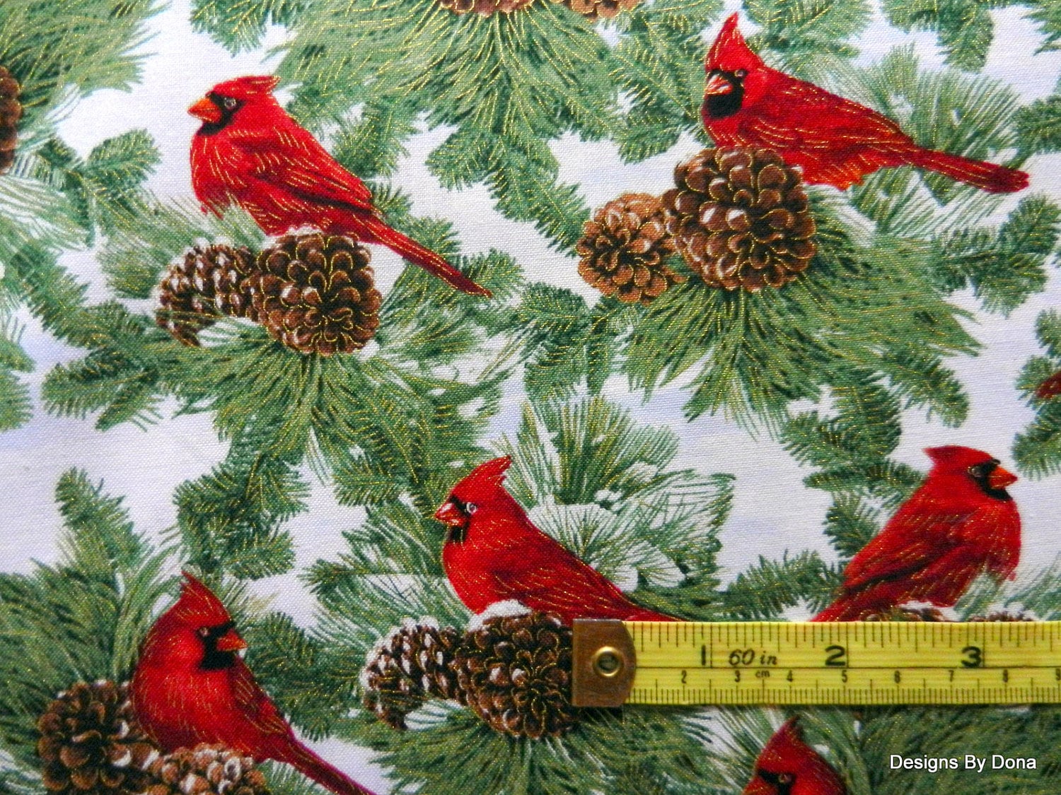 one-yard-cut-quilt-fabric-christmas-winter-red-cardinals-evergreens-pine-cones-on-white