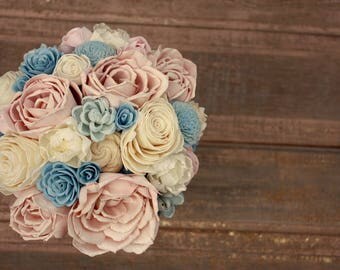 Sola flower bouquet, brides wood flower bouquet, wooden flowers, dusty blue, blush pink wedding flowers, rustic blue bouquet, eco flowers