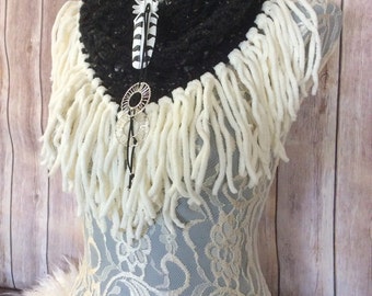 Charcoal Hedwig cowl... knit crocheted fringed yarn soft scarf leather tie bohemian boho