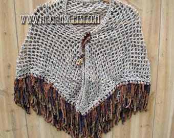 Brown Oak Crochet Shawl... knit crocheted fringed yarn leather leaf tie bohemian boho