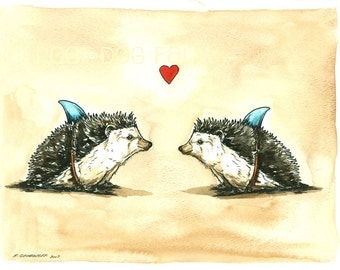 Weird Love -Original Watercolor painted print~ Hedgehogs in Love..