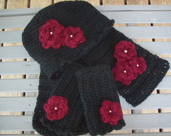 Scarf,Hat,Fingerless Gloves Set.Black,Burgandy,Pearl Beads,Flowers,Gift,Photos,Women, Large,Clothing,Crocheted