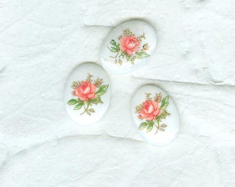 Vintage Opaque Pink Roses German Glass Cabs 4 in Lot 18x13 mm