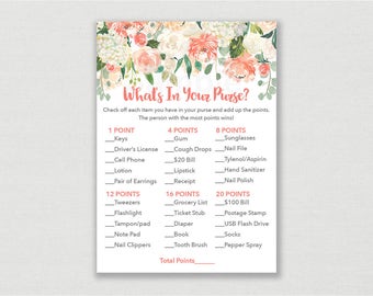 Floral Bridal Shower What's In Your Purse Game / Floral Bridal Shower / Watercolor Floral / Peach Floral / Printable INSTANT DOWNLOAD B102
