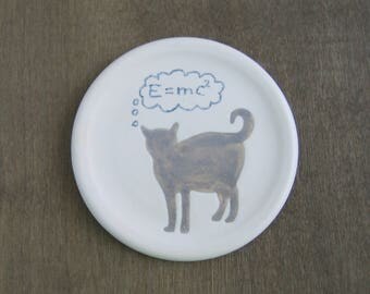 Cat Thoughts Coffee Spoon Rest or Teabag Holder, Pottery Dish, Ring Holder, Stoneware Ceramic Plate, Cat Lovers, Funny Pottery, Science