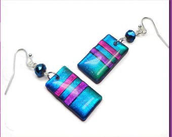 Sapphire Blue Dichroic Earrings- polymer clay jewelry- Resin earrings- Rainbow Dangle Earrings Gifts for Her Birthday
