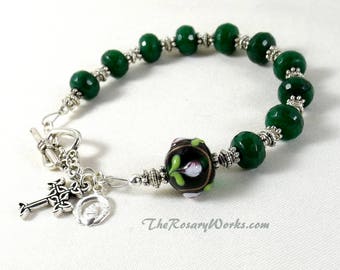 Irish Rosary Bracelet Chaplet Celtic Claddagh Green Faceted Jade Handmade Lampwork Singled Decade Prayer Beads