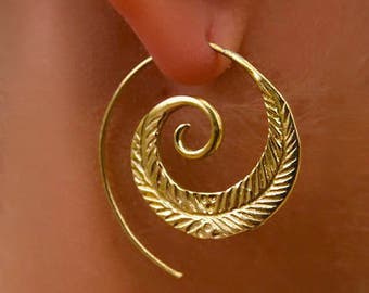 Spiral earring,Gold Spiral Leaf earrings,Bohemian Jewelry,BOHO EARRINGS,Tribal Brass earrings,Ethnic minimalist,jewelry burning man ZE128LG