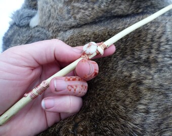 magic wand - rose wood, hand carved, with wire and stone/bone/antler - all natural and re-purposed material