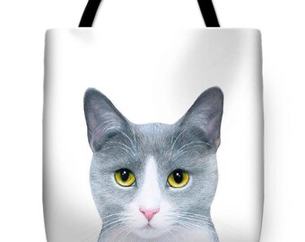 Tote Bag All over print Cat 611 grey gray cat by L.Dumas Artbylucie Totes