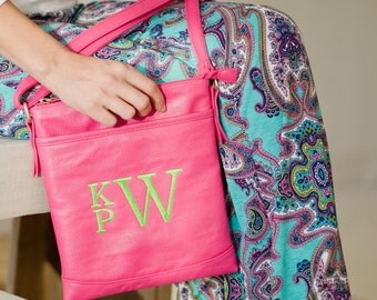 Monogrammed purse , hot pink purse , personalized purse , sorority purse , summer crossbody bag , teen pocketbook , crossbo