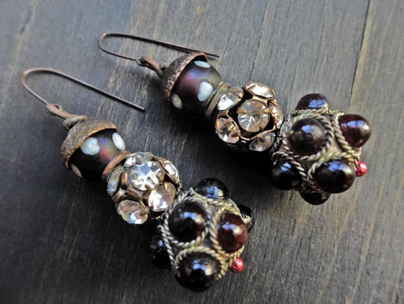 Stacked spotted globe earrings, handmade artisan jewelry by fancifuldevices- "Exulansis"