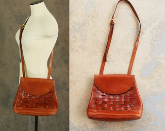 vintage 90s Crossbody Purse - 1990s Tan Leather Shoulder Bag Woven Leather Cross Body Bag