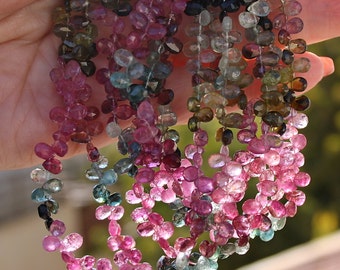 Pink Green Blue Gem Watermelon Tourmaline Faceted Pear Briolette Drop Beads 4.25 inch strand October birthstone