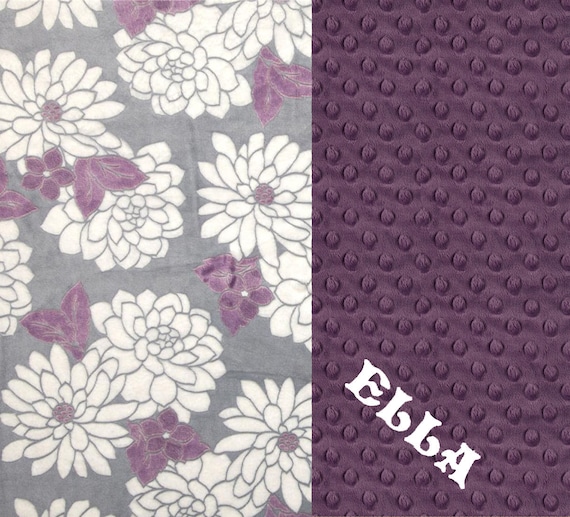 60 x 70 Purple Minky Adult Blanket, Personalized Flowers Violet Gray Throw