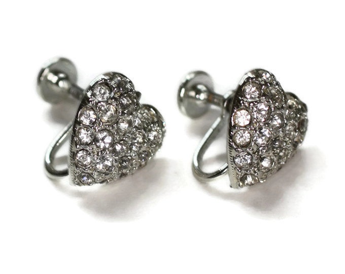 Rhinestone Crystal Heart Earrings Screw Back Vintage