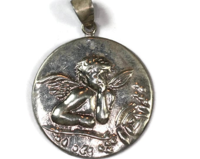 Sterling Cherub Cupid Angel Pendant Necklace Silver Tone Chain Vintage