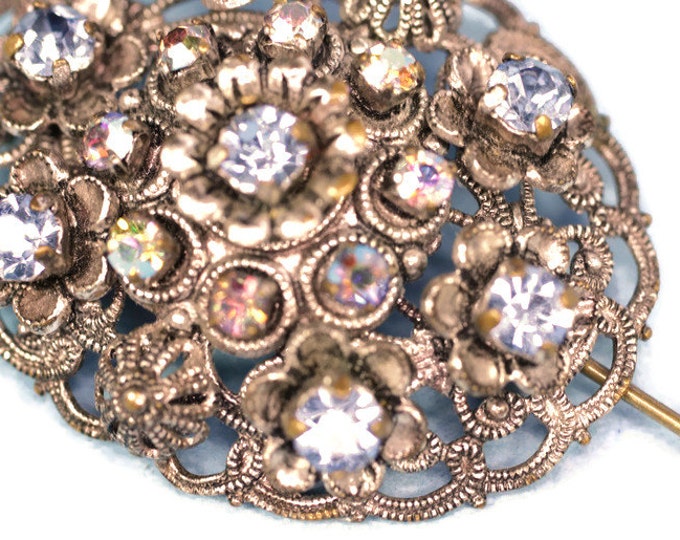 Rhinestone Filigree Brooch Pink AB and Blue Stones Signed Germany Vintage