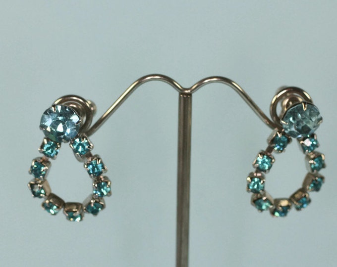 Turquoise Rhinestone Earrings Dangle Loop Screw Back Vintage