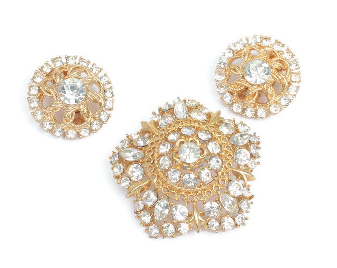 Crystal Rhinestone Star Shaped Brooch Round Clip Earrings Vintage Set