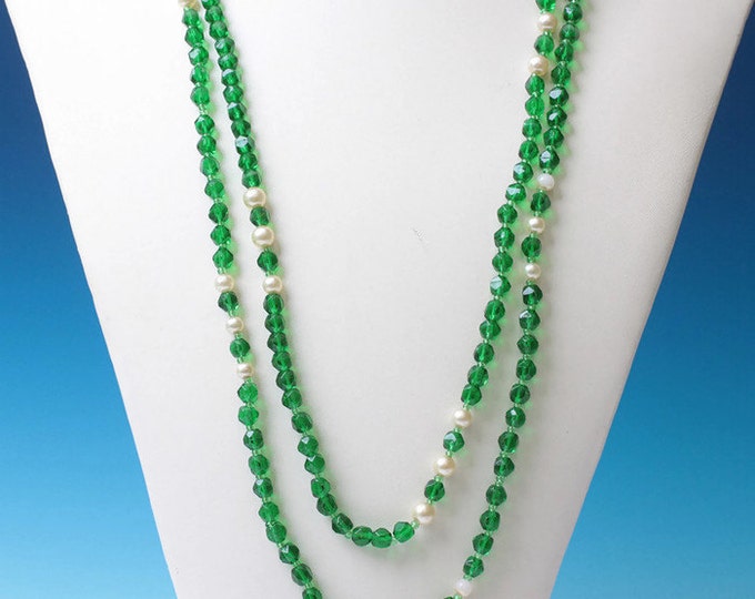 Art Deco Flapper Green Crystal Necklace Faux Pearls Vintage Extra Long