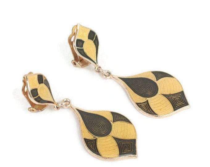 Harlequin Dangle Earrings Brown and Yellow Enamel Vintage Clip Style