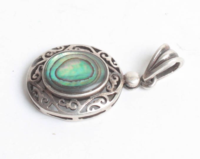 Abalone Shell Sterling Pendant Filigree Setting Oval Vintage