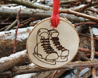 Wood Burned Skates Ornaments, Hockey Coach Ornament, Birch Tree Slice Ornament