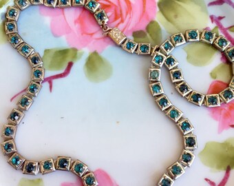 Antique Art Deco Turquoise rhinestone linked Necklace Choker