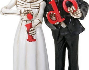 Halloween Wedding Cake Toppers-Love Never Dies Bride and Groom I DO - Skull Lovers Just Married Goth Romantic Fall Weddings Skeleton Couple