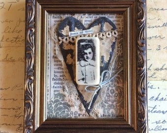 Keep The Faith Antique Ceiling Tile Heart in Frame With Vintage Accents