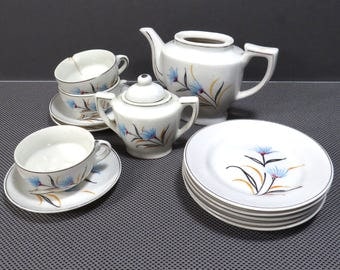 White Porcelain Blue Flower Child's Tea Set Vintage 1960s 1970s Doll China Set