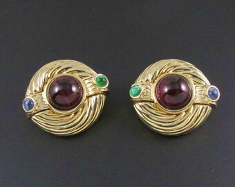 Gold Statement Earrings, Jewels of India, Faux Gemstone Earrings, Purple Earrings, Glass Earrings, Cabochon Earrings