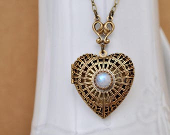 brass heart scent locket with natural moonstone, vintage brass heart locket necklace