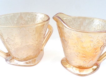 Gold Sugar and Creamer Set Vintage Gold Floral Cut Glass Sugar and Creamer Set