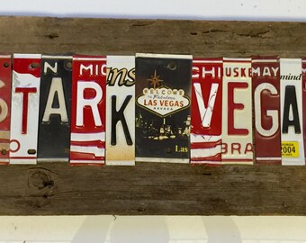 STARKVEGAS stark vegas license plate sign tomboyART art recycled upcycled tomboyART tomboy art hail state bulldogs dawgs dawgz