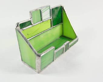 Stained Glass Business Card Holder, Desk Accessory, first job gift, graduation gift, new job gift, geometric glass, Earthy forest green